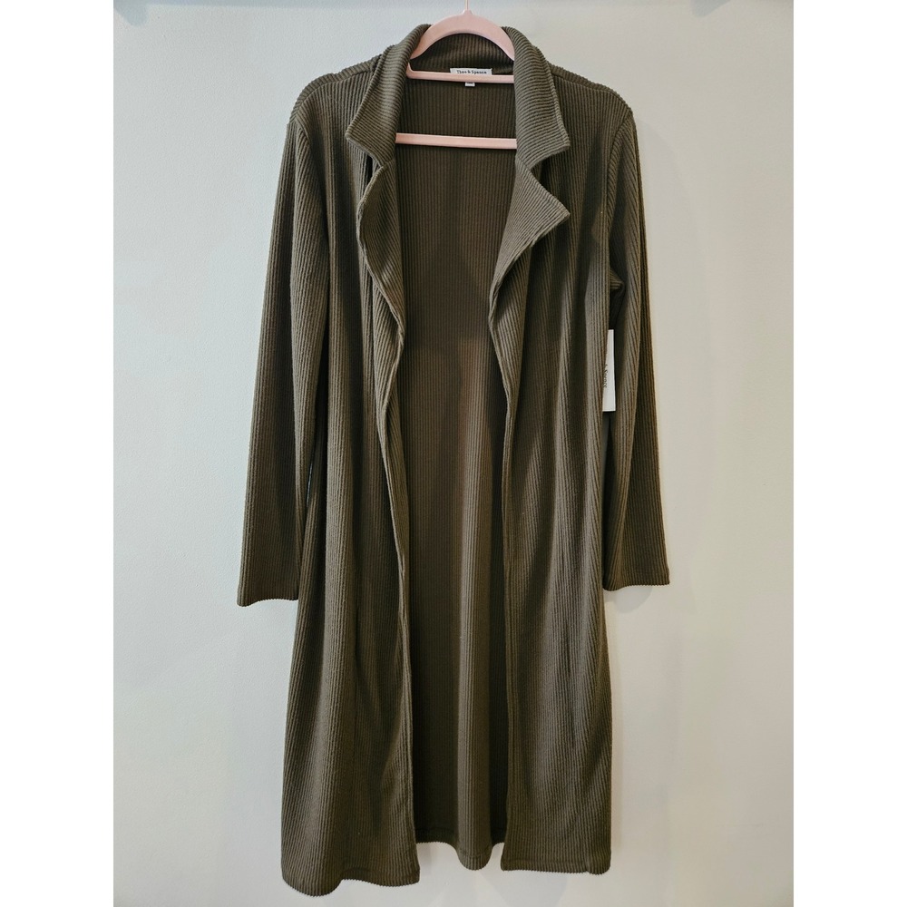 Theo & Spence Olive Green Ribbed Longline Duster Cardigan Open Front Size M NWT